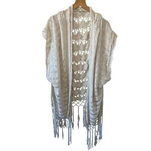 KORI America Crochet Fringe Vest Shawl  Cream Med/Lg Boho Beach Style